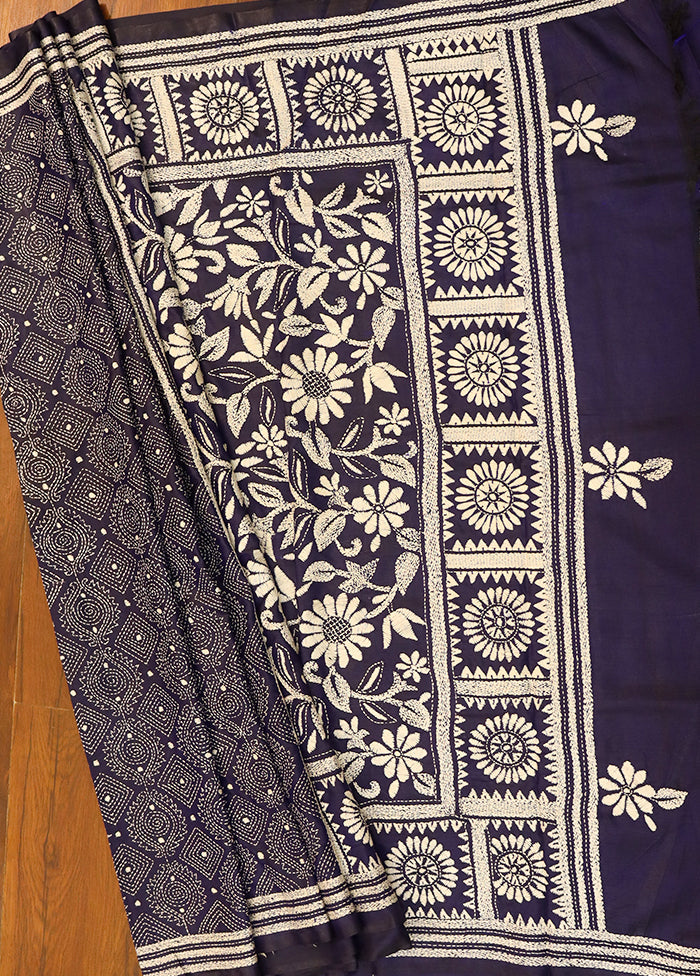 Blue Kantha Stitch Silk Saree With Blouse Piece