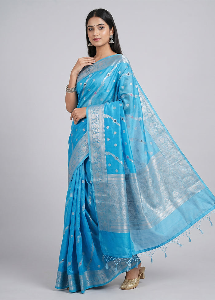Blue Dupion Silk Saree With Blouse Piece