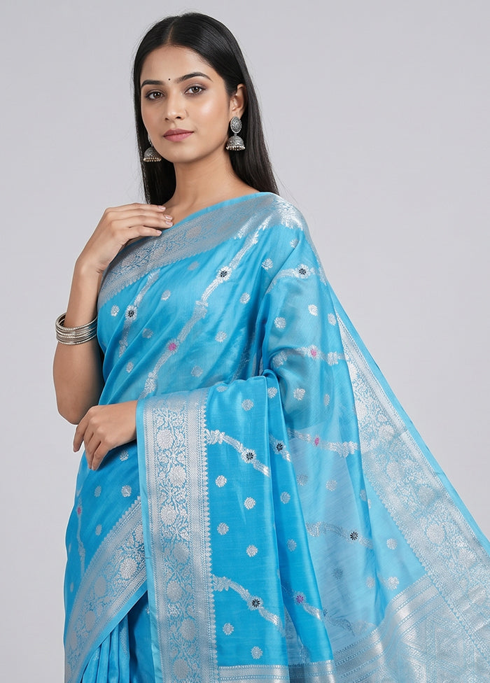 Blue Dupion Silk Saree With Blouse Piece