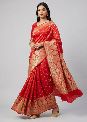 Red Banarasi Silk Saree With Blouse Piece