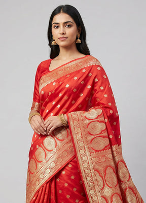 Red Banarasi Silk Saree With Blouse Piece