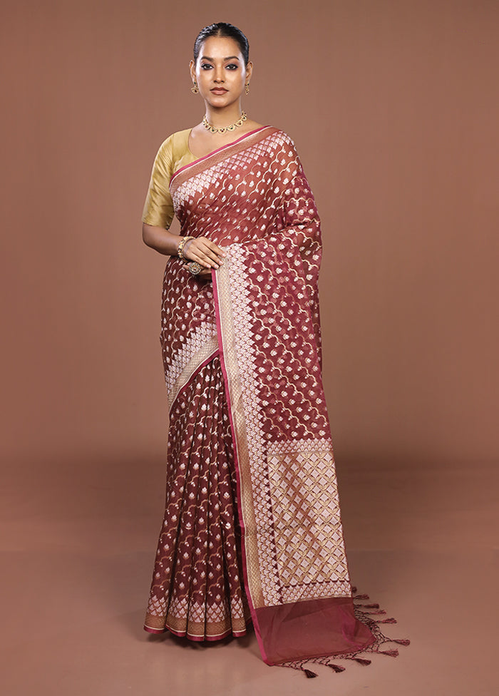 Maroon Kora Silk Saree With Blouse Piece