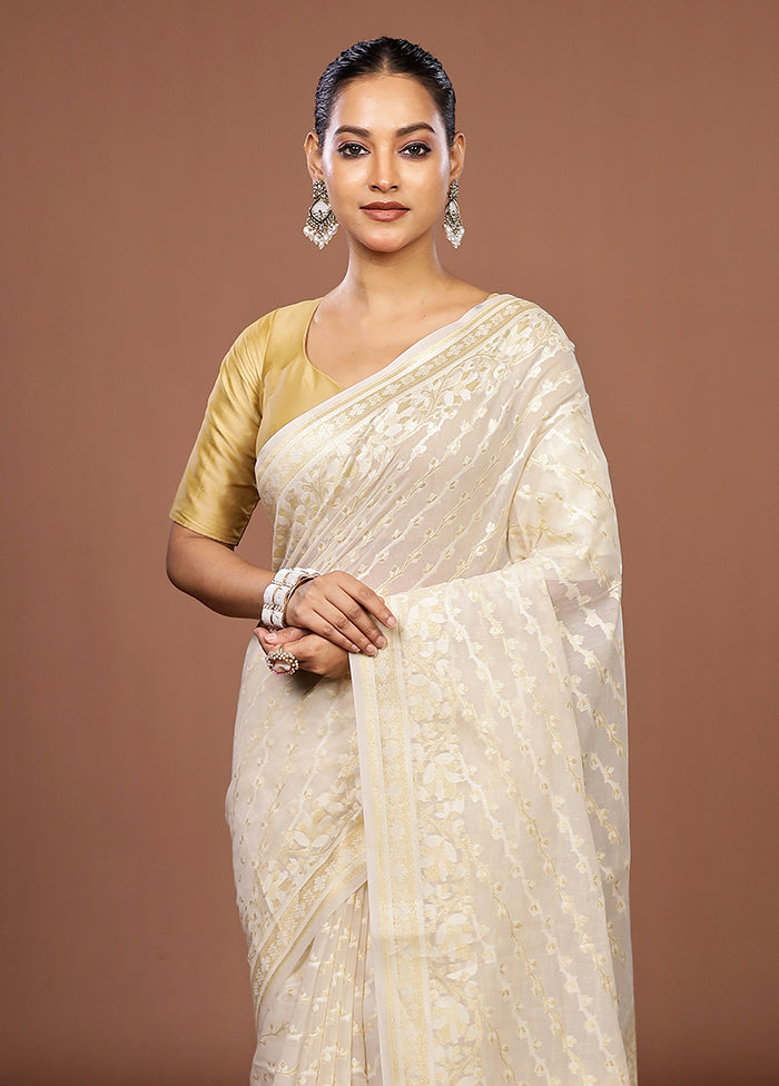 Cream Kora Silk Saree With Blouse Piece