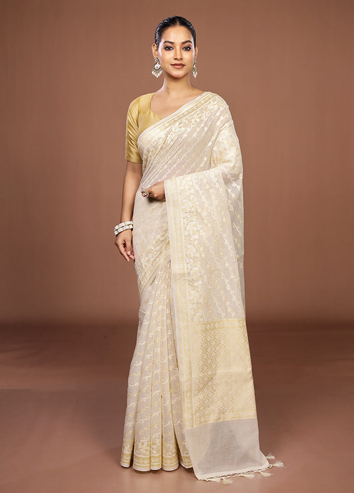 Cream Kora Silk Saree With Blouse Piece