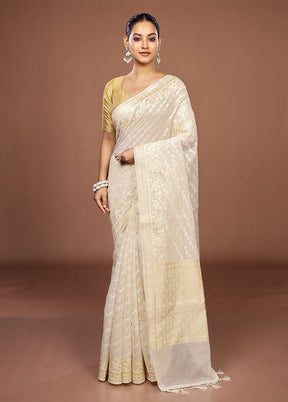 Cream Kora Silk Saree With Blouse Piece