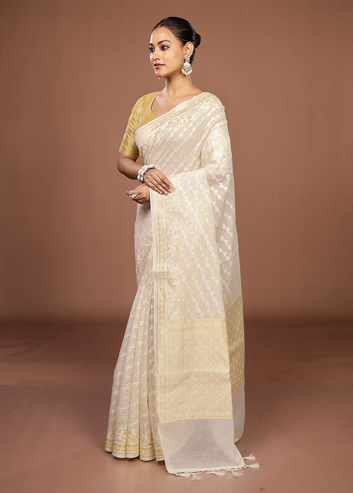 Cream Kora Silk Saree With Blouse Piece