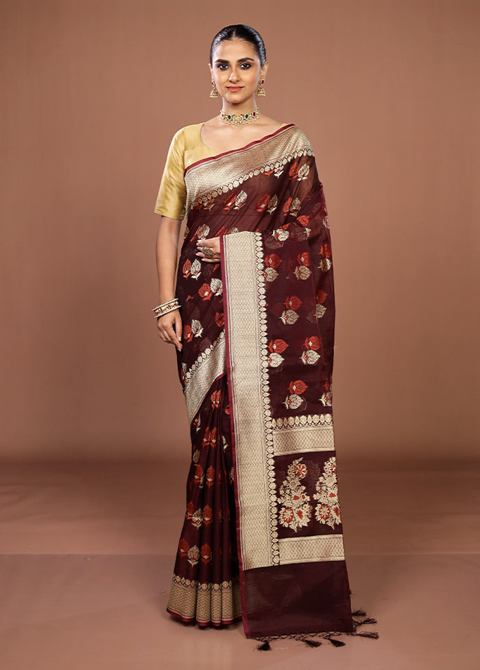 Maroon Kora Silk Saree With Blouse Piece