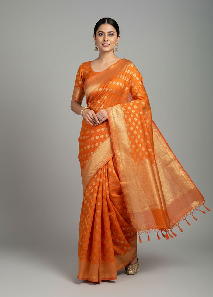 Orange Kora Silk Saree With Blouse Piece