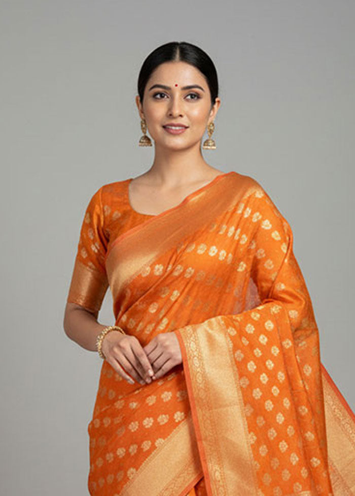 Orange Kora Silk Saree With Blouse Piece
