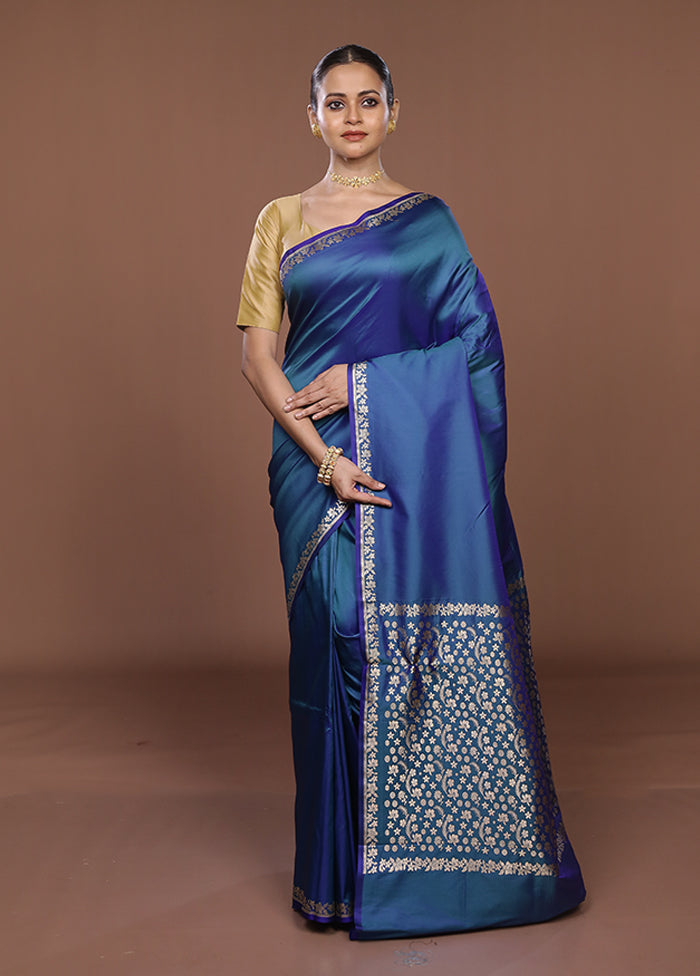 Blue Katan Silk Saree With Blouse Piece