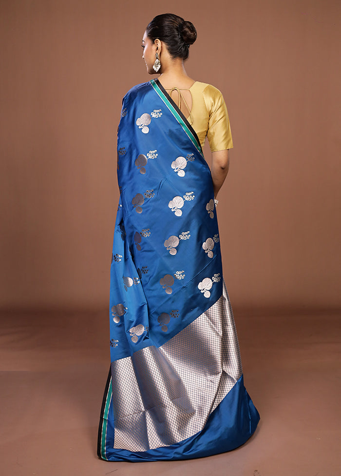 Blue Katan Silk Saree With Blouse Piece