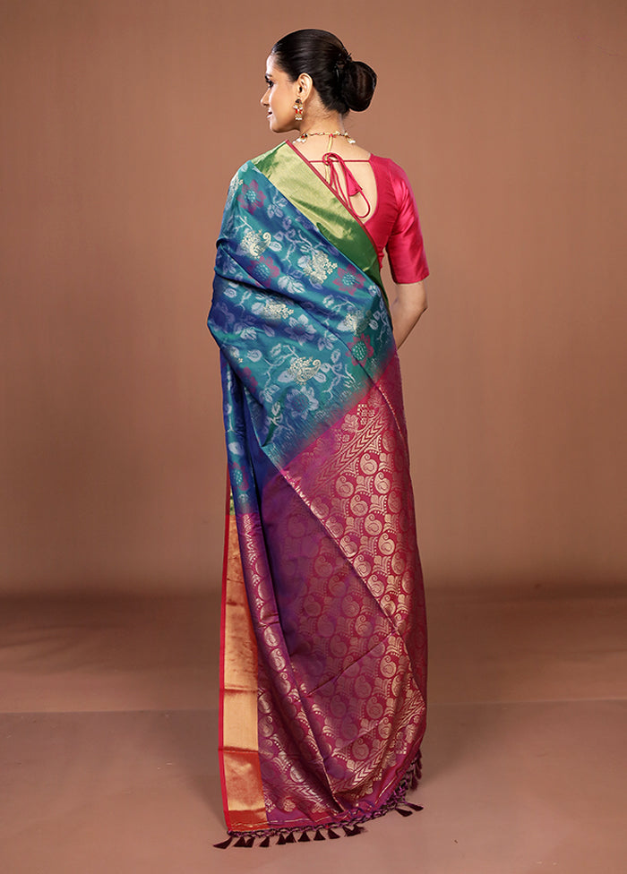Blue Dupion Silk Saree With Blouse Piece