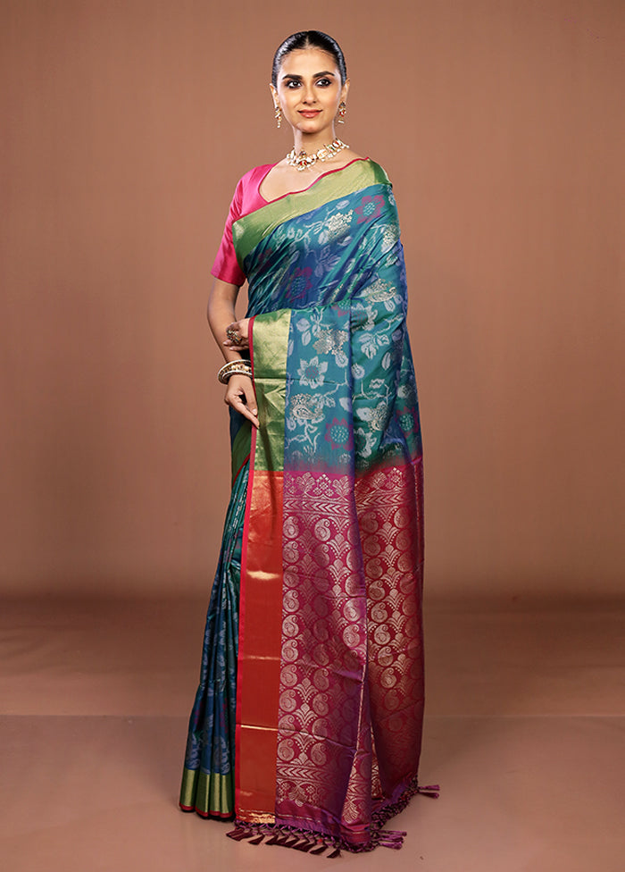 Blue Dupion Silk Saree With Blouse Piece