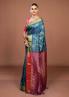 Blue Dupion Silk Saree With Blouse Piece