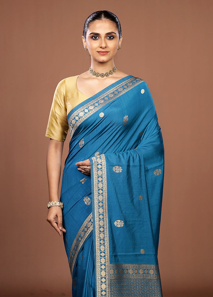 Blue Dupion Silk Saree With Blouse Piece
