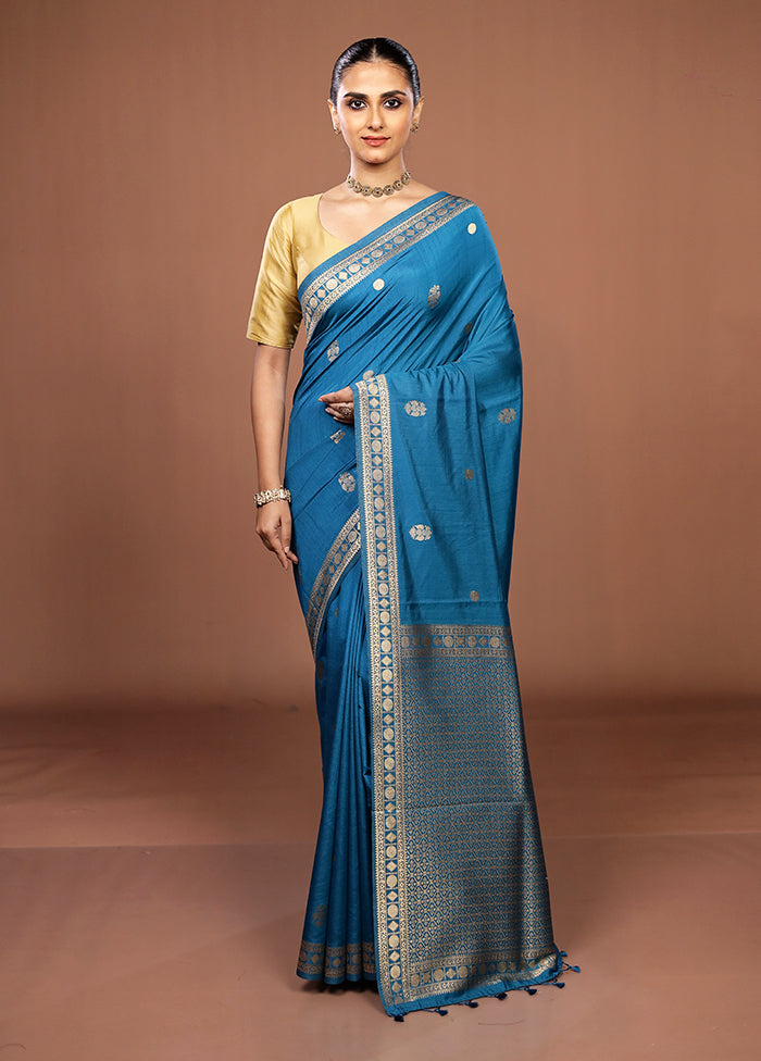 Blue Dupion Silk Saree With Blouse Piece