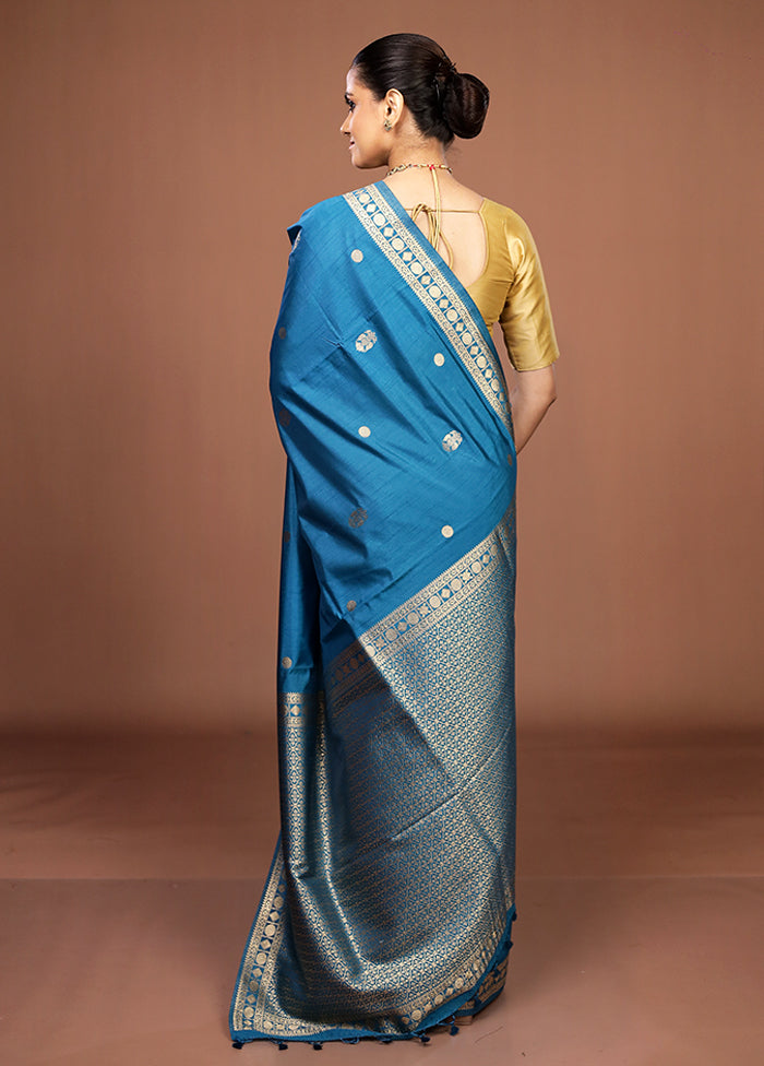 Blue Dupion Silk Saree With Blouse Piece