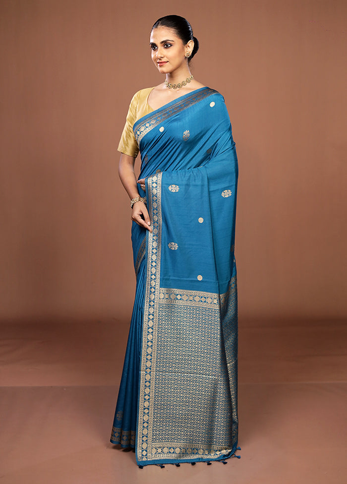 Blue Dupion Silk Saree With Blouse Piece