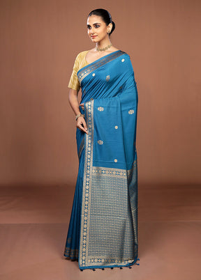 Blue Dupion Silk Saree With Blouse Piece