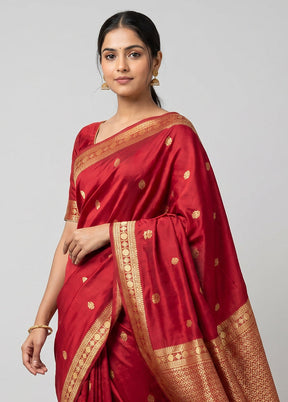 Maroon Dupion Silk Saree With Blouse Piece