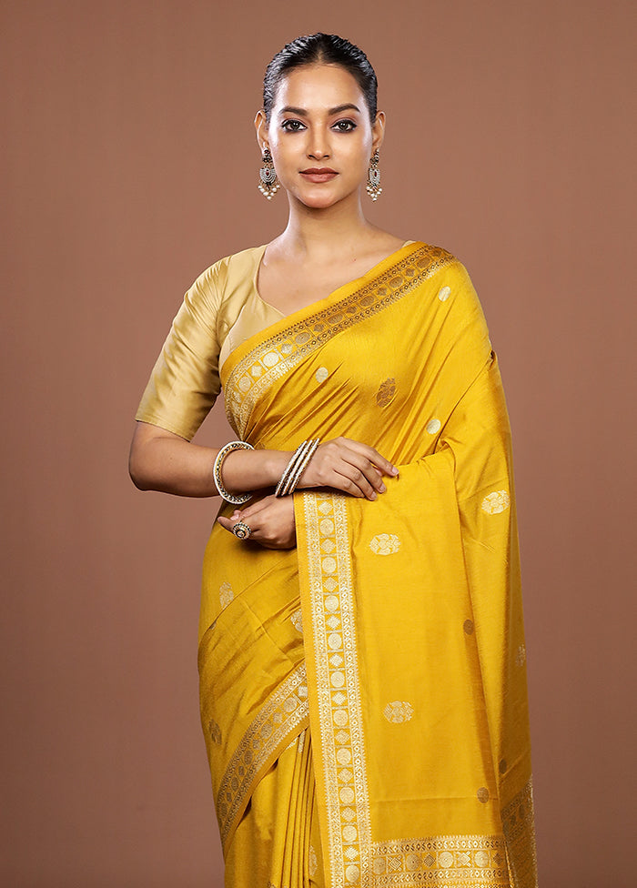 Yellow Dupion Silk Saree With Blouse Piece