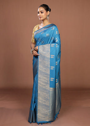 Blue Dupion Silk Saree With Blouse Piece