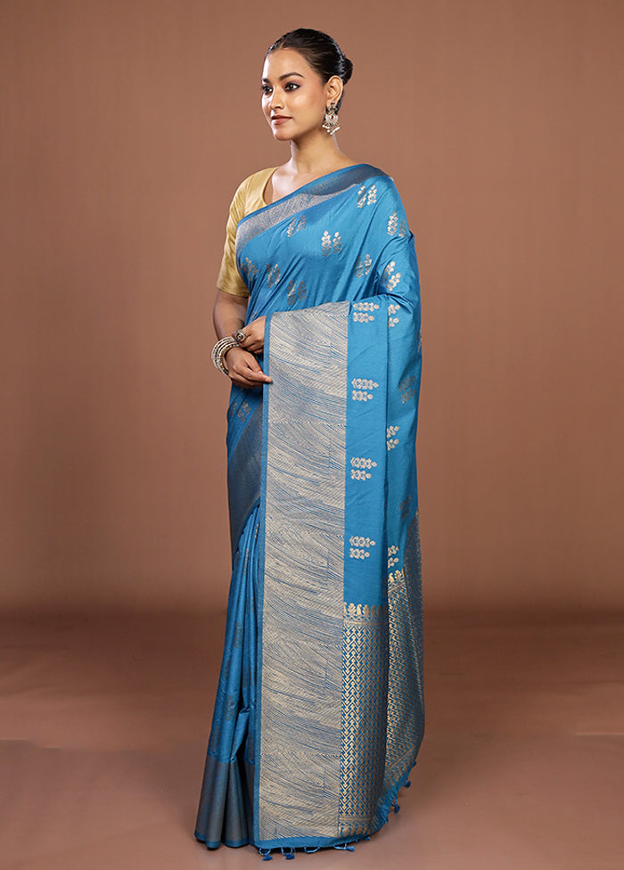 Blue Dupion Silk Saree With Blouse Piece