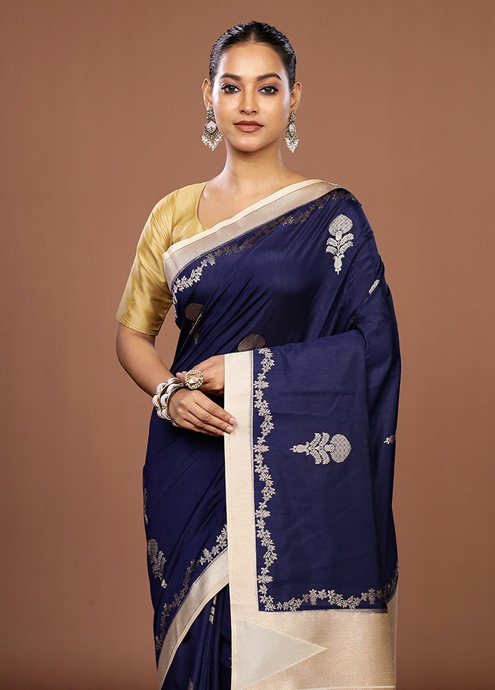 Blue Dupion Silk Saree With Blouse Piece