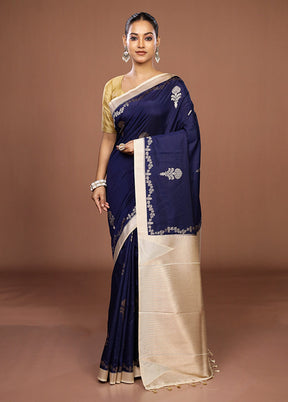 Blue Dupion Silk Saree With Blouse Piece