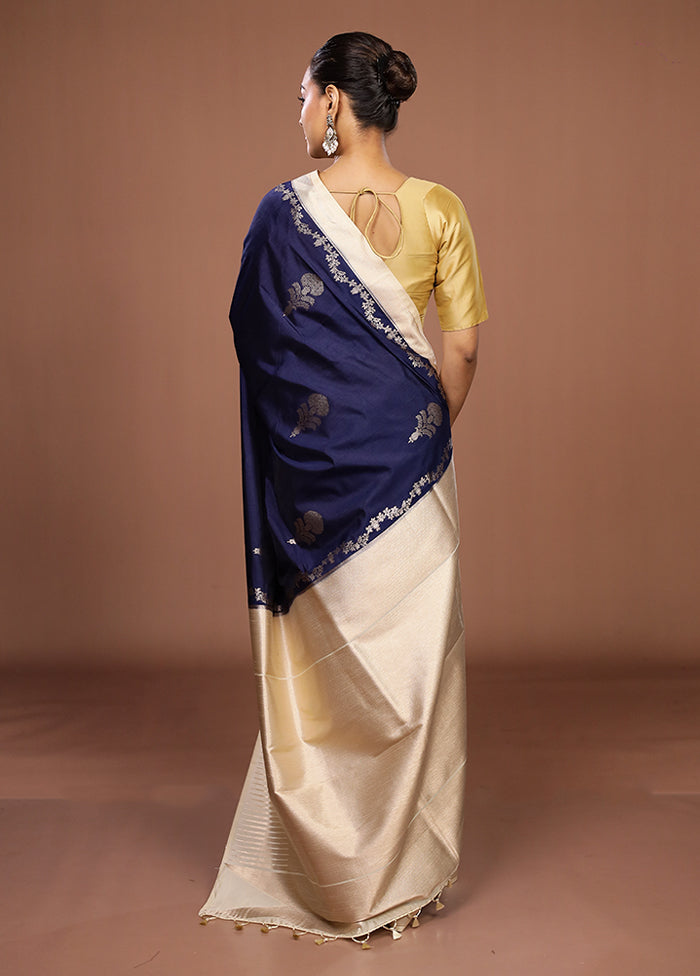 Blue Dupion Silk Saree With Blouse Piece
