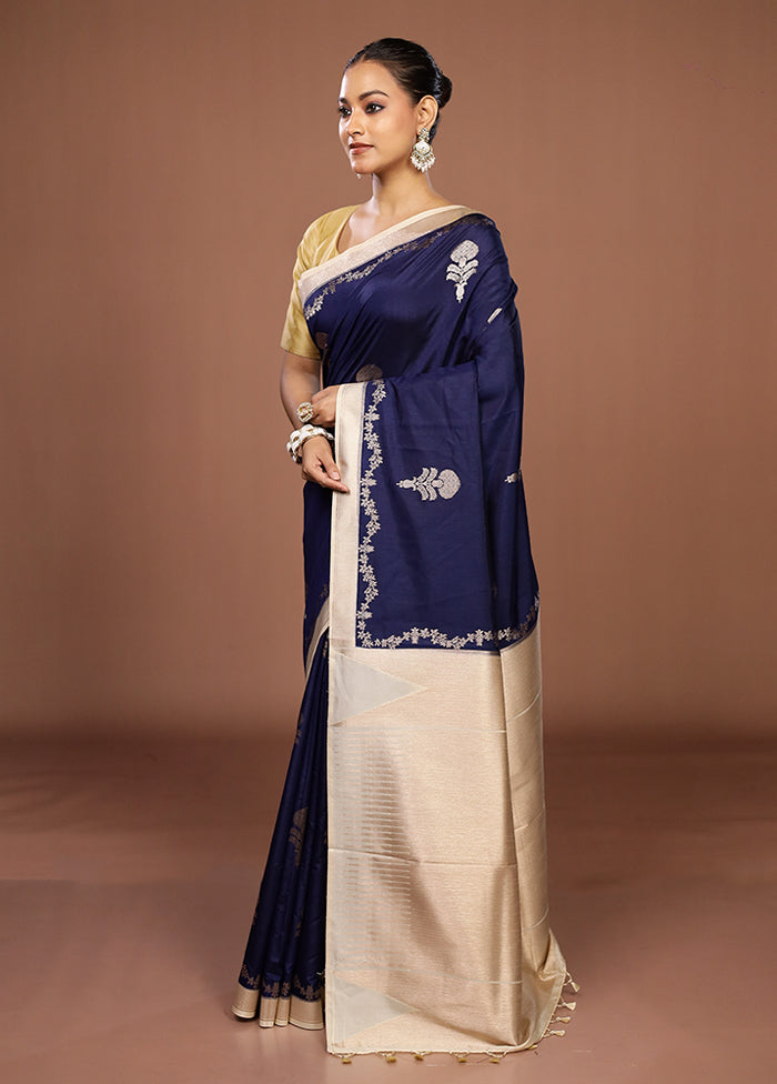 Blue Dupion Silk Saree With Blouse Piece