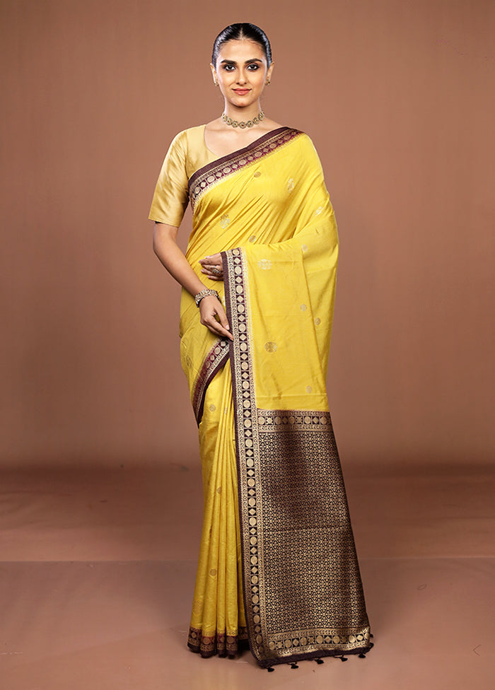 Yellow Dupion Silk Saree With Blouse Piece