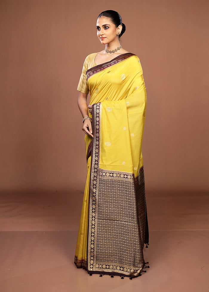 Yellow Dupion Silk Saree With Blouse Piece