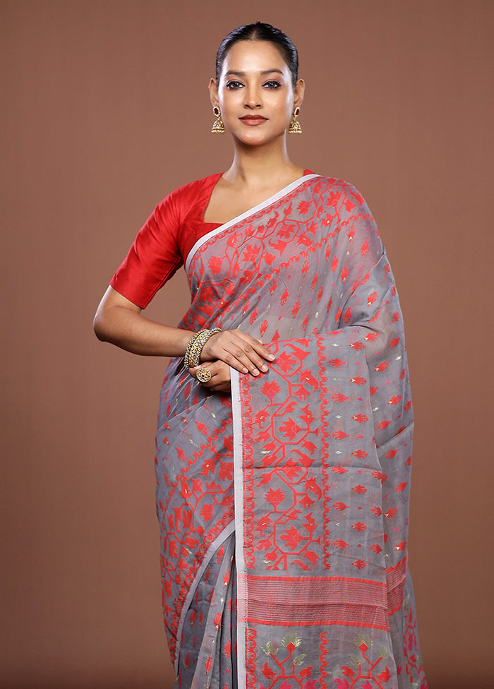 Grey Jamdani Cotton Saree Without Blouse Piece