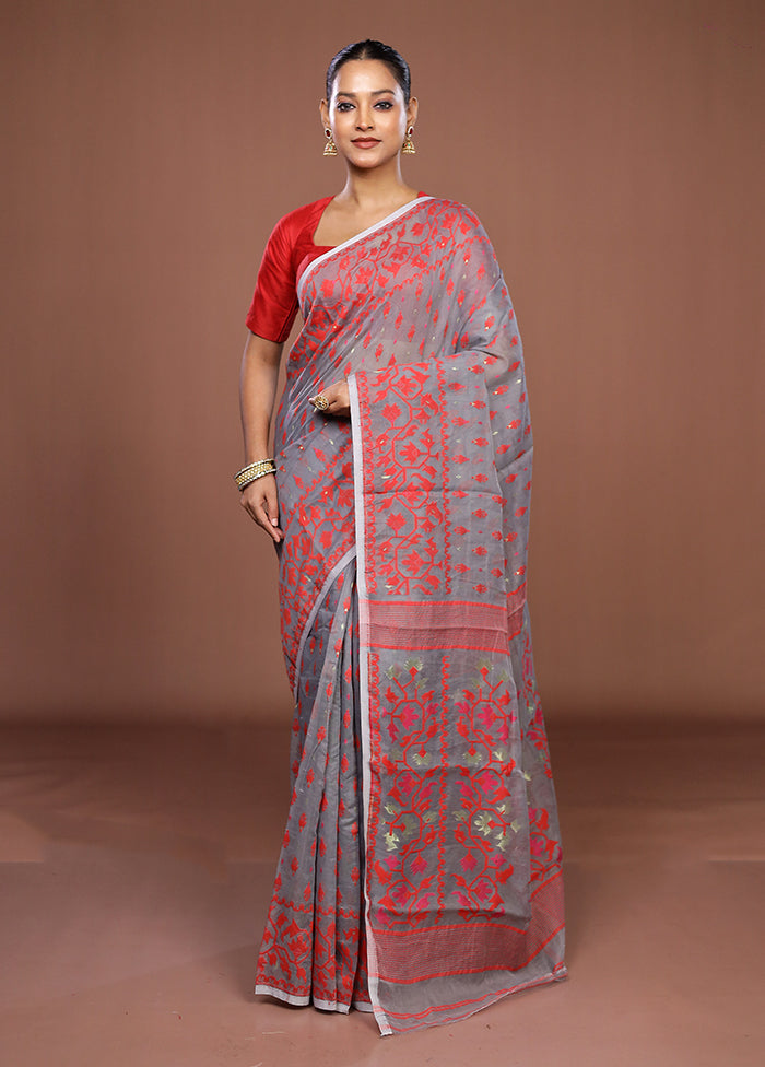 Grey Jamdani Cotton Saree Without Blouse Piece