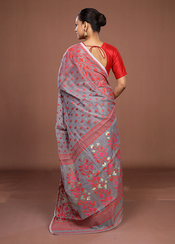 Grey Jamdani Cotton Saree Without Blouse Piece