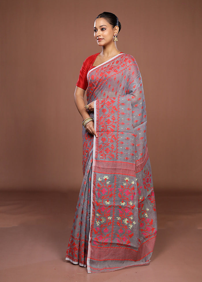 Grey Jamdani Cotton Saree Without Blouse Piece