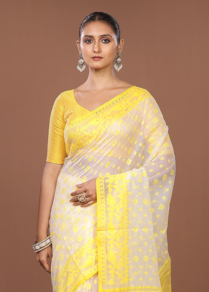 Yellow Jamdani Cotton Saree Without Blouse Piece