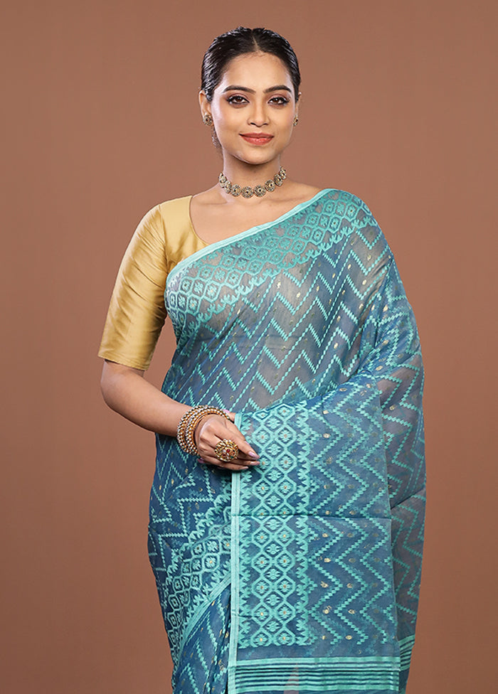 Blue Jamdani Cotton Saree Without Blouse Piece