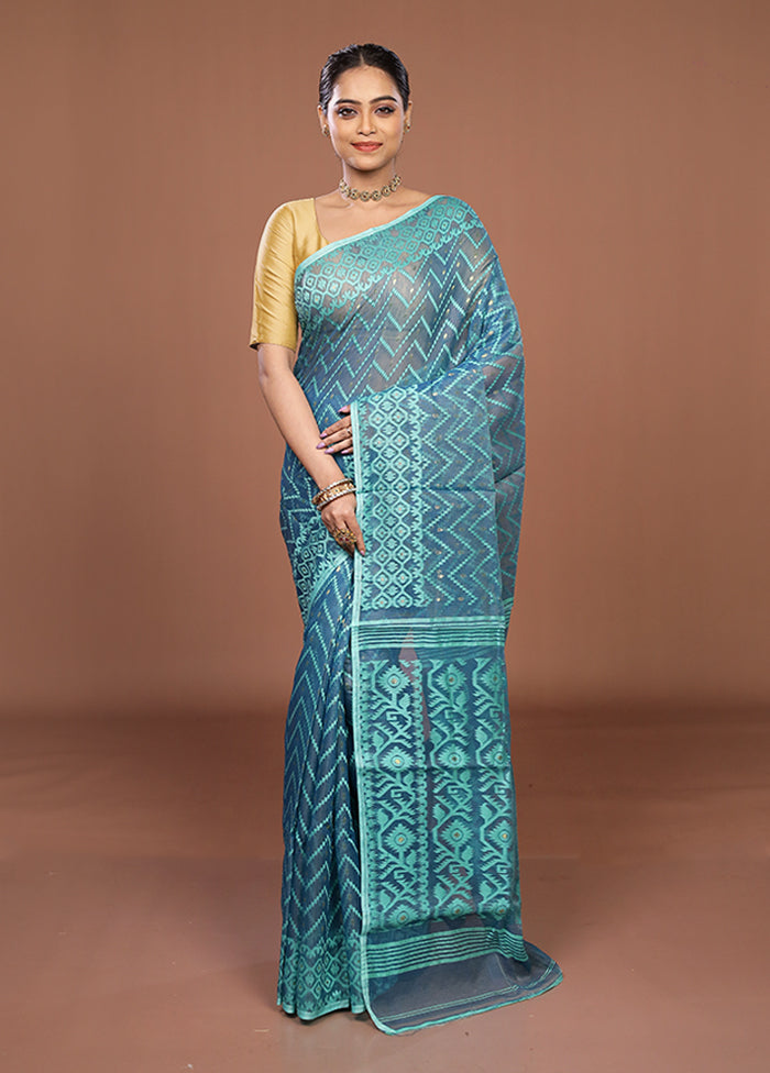 Blue Jamdani Cotton Saree Without Blouse Piece