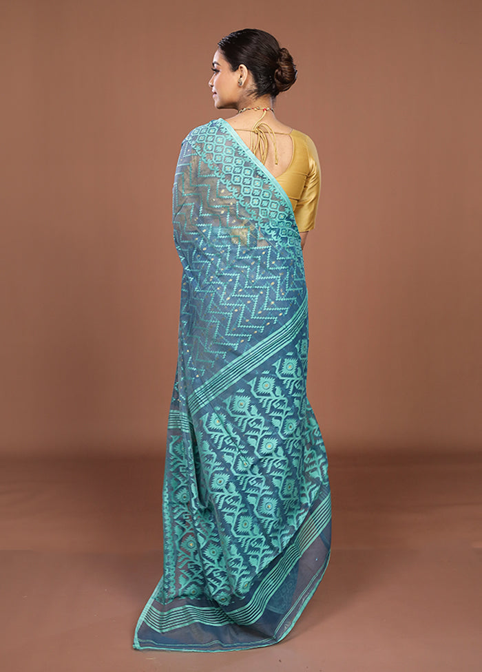 Blue Jamdani Cotton Saree Without Blouse Piece