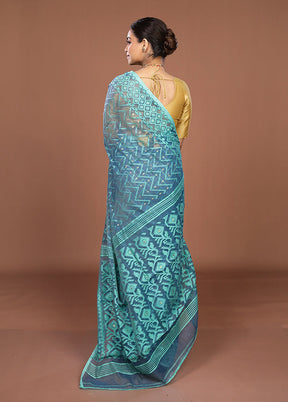 Blue Jamdani Cotton Saree Without Blouse Piece