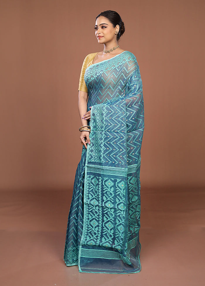 Blue Jamdani Cotton Saree Without Blouse Piece
