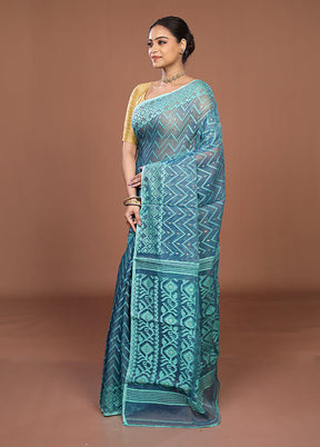 Blue Jamdani Cotton Saree Without Blouse Piece
