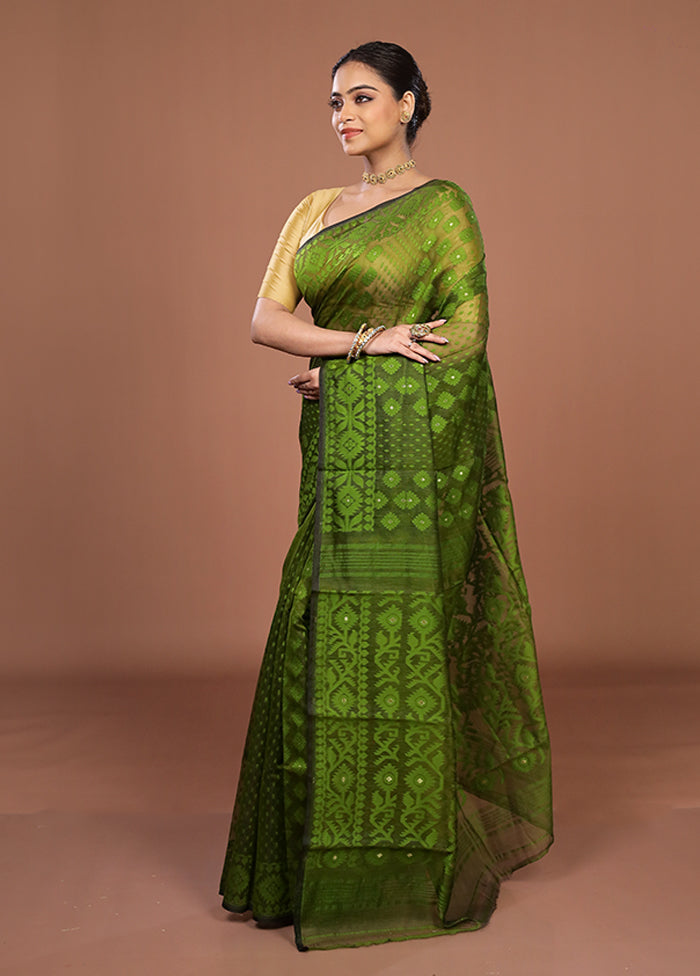 Green Jamdani Cotton Saree Without Blouse Piece
