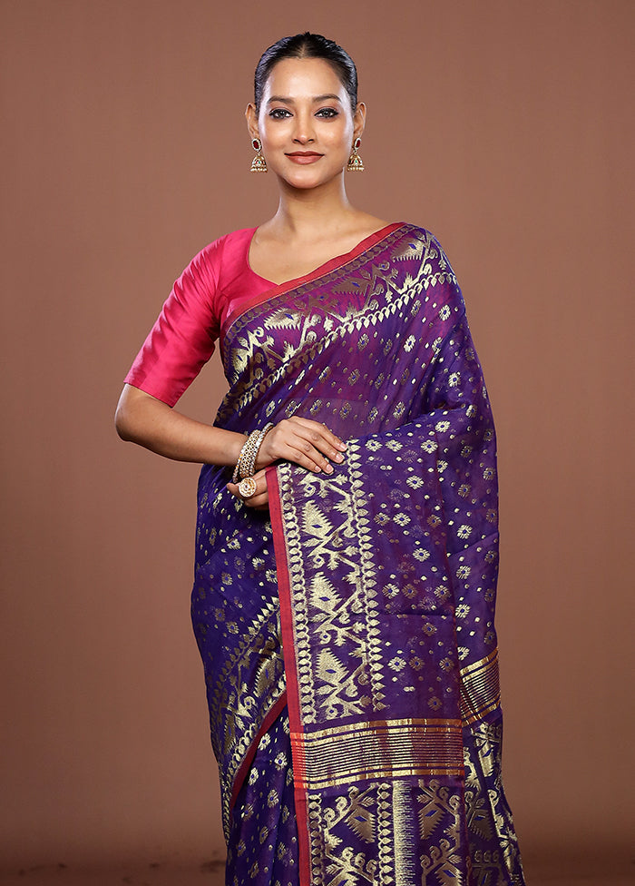 Blue Jamdani Cotton Saree Without Blouse Piece