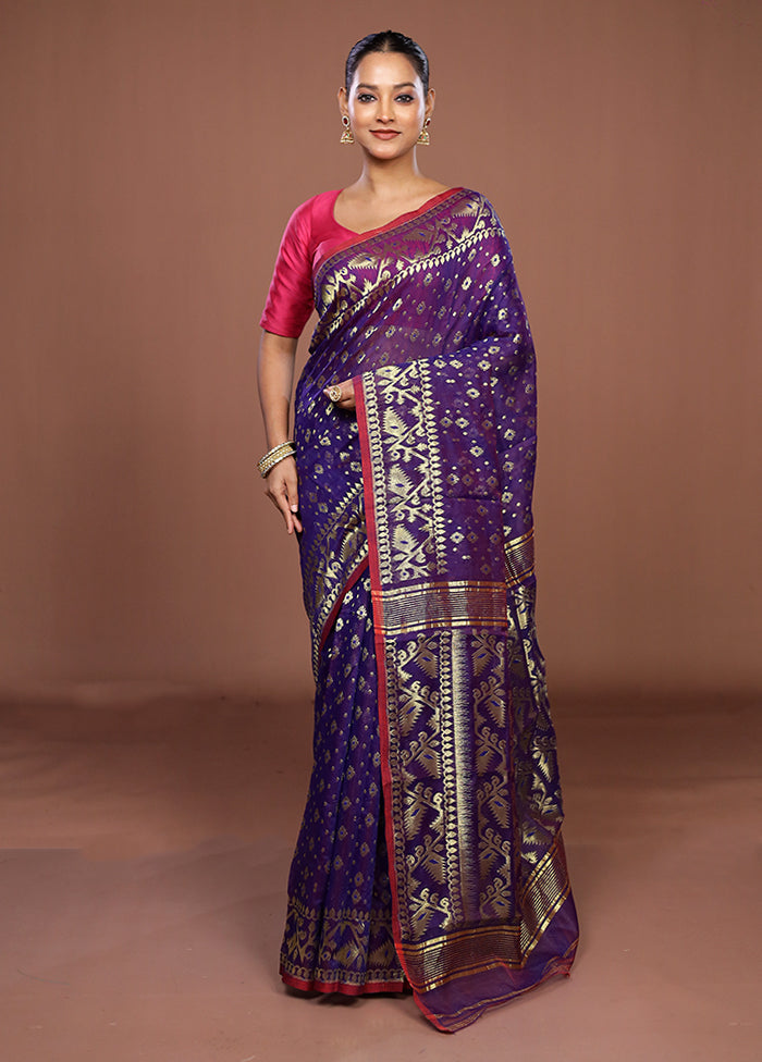 Blue Jamdani Cotton Saree Without Blouse Piece