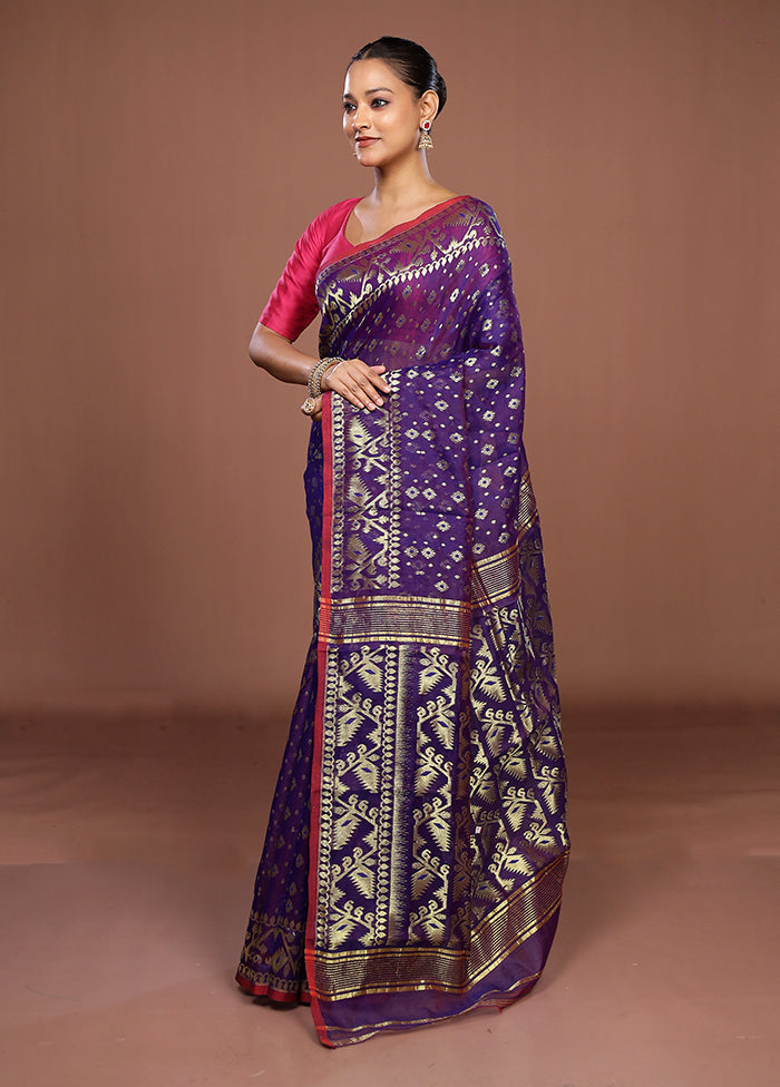 Blue Jamdani Cotton Saree Without Blouse Piece