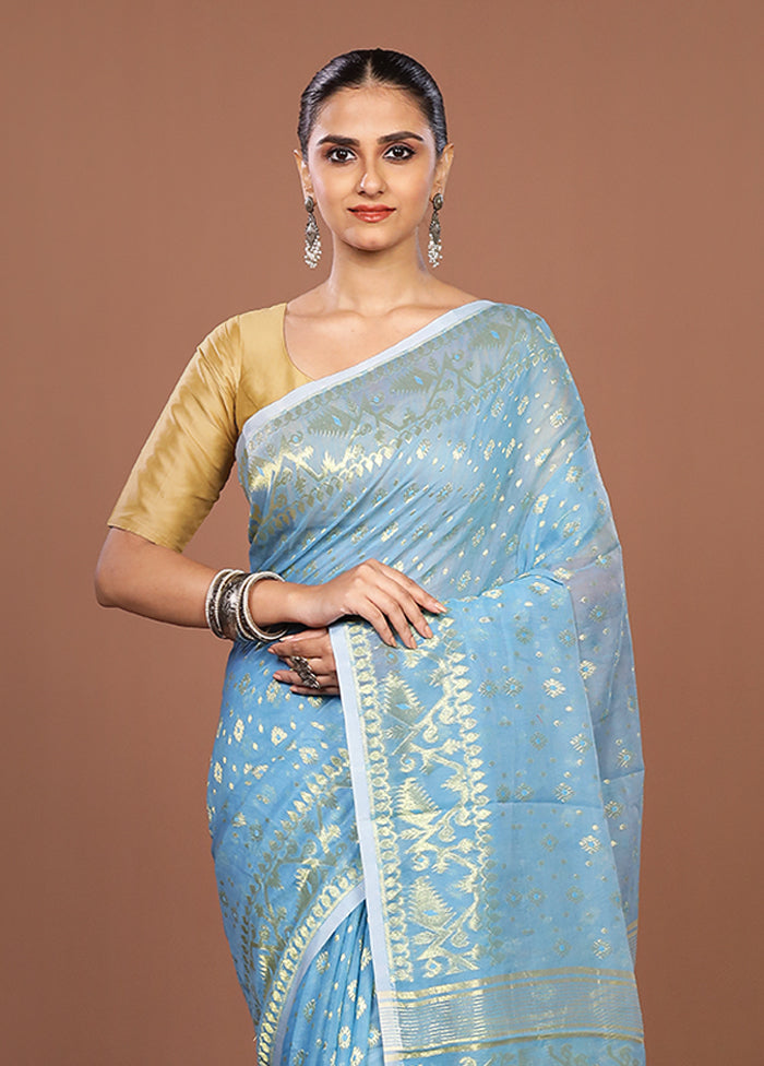 Blue Jamdani Cotton Saree Without Blouse Piece