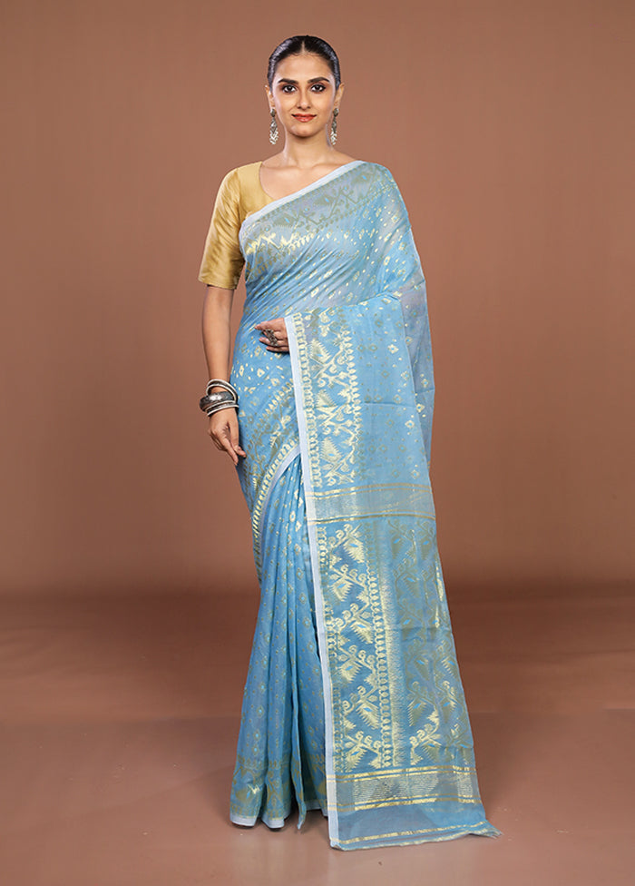 Blue Jamdani Cotton Saree Without Blouse Piece